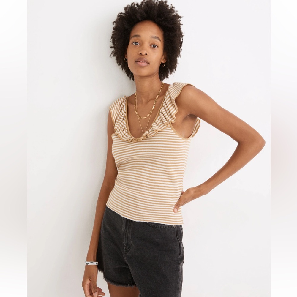 Madewell Bellhaven Stripe Ruffle Knit Sweater Tank XS Merino Wool Blend